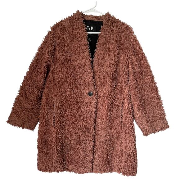Zara Pink Shearling Fluffy Teddy Coat Jacket collarless one button size medium - Picture 3 of 15